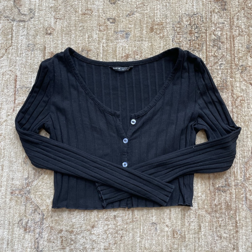 Long sleeved button down black crop top, size  XS